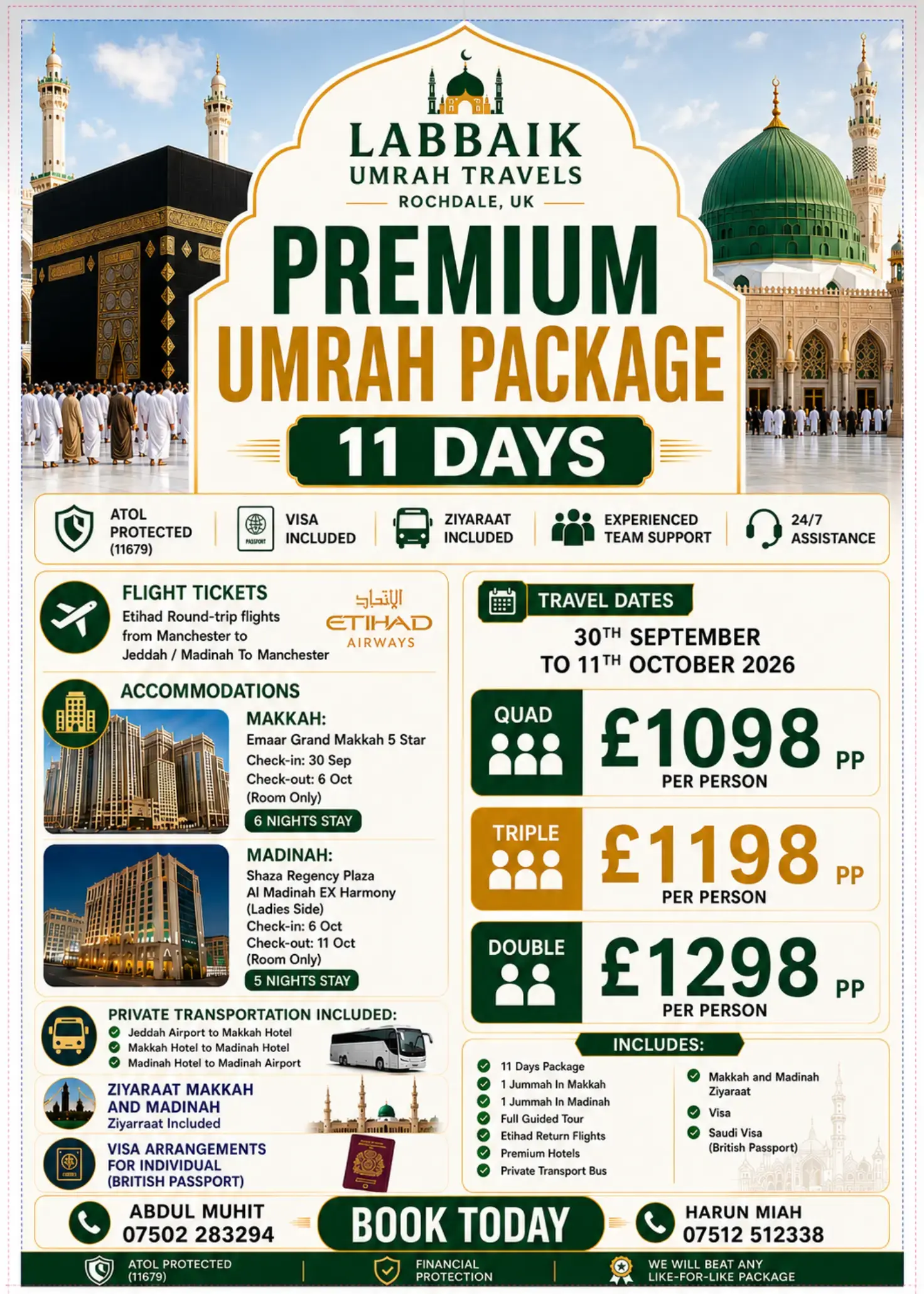 Premium Umrah Package - 11 Days - 30 Sep to 11 Oct 2026